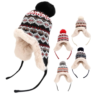 Winter Knitted Earflap Hat Acrylic Polyester Jacquard Fleece Lined Warm Cap With Pom Pom For Women Outdoor Cold Weather