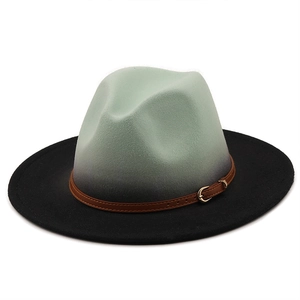 Gradient mint green to grey wool felt fedora with a wide brim and leather belt