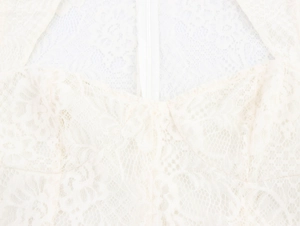 Detail of elegant lace fabric texture and invisible zipper on a beige mini dress