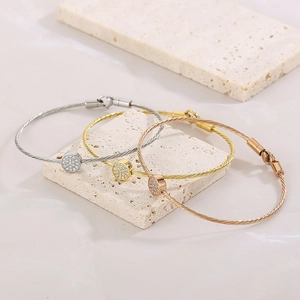 Twisted Cable Bangle Bracelet 316L Stainless Steel Pave Zircon Round Charm Minimalist Jewelry For Women Valentine Gift