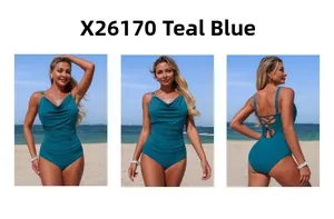 Detailed views of a teal blue one-piece swimsuit with cowl neck and side ruching details