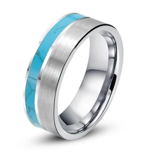 Men Tungsten Carbide Ring With Brushed Silver Surface And Blue Turquoise Inlay Fashion Band
