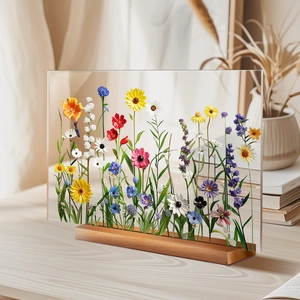 Macro detail of acrylic floral desk decor with dried flowers and solid wood base