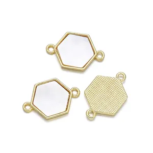 Gold-plated hexagonal shell bracelet connector pendant with a white inlay design