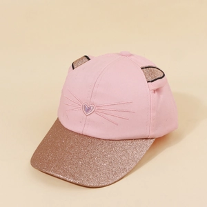 Pink kids baseball cap with cute cat ears and shiny glitter brim for outdoor sun protection