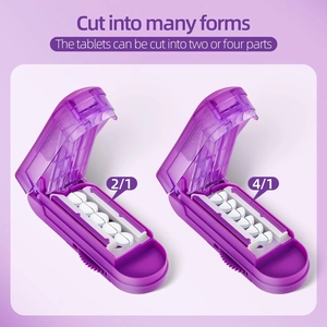 Detail of purple pill cutter showing precise 1/2 and 1/4 tablet splitting mechanism