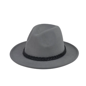 Close-up of grey wool fedora hat with a thick black chain band on white background