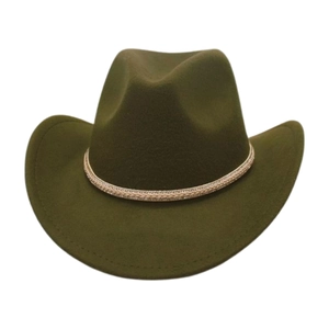Detail of army green felt cowboy hat showing woven band and curved brim texture