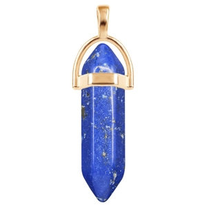 Detail shot of a hexagonal blue lapis lazuli crystal pendant with a gold finish setting
