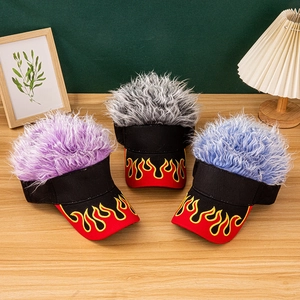 Three wig sun hats with purple, blue, and gray hair featuring flame embroidery on black brims
