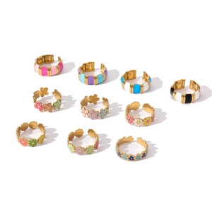 10pcs gold plated colorful enamel rings with floral and striped geometric patterns