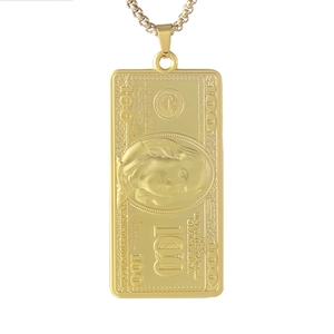 Hip hop style gold dollar bill pendant necklace featuring detailed 100 dollar bill design