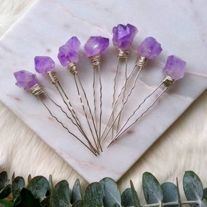 Seven-piece natural raw amethyst hair pins with silver wire wrapping on U-shaped clips
