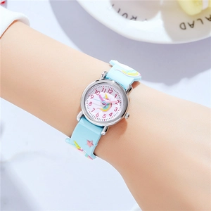 Cute unicorn kids watch with light blue silicone strap and rainbow 3D patterns on wrist