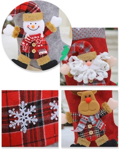 Detailed close-up of 3D snowman and Santa embroidery on knitted Christmas stockings