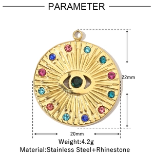 Detailed parameter chart for 20mm golden stainless steel evil eye pendant with rhinestones