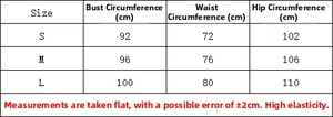 Size chart for knit dress with bust, waist and hip measurements for S, M, and L sizes