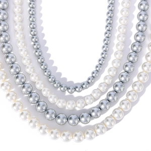 Classic French vintage pearl necklace with layered white and silver-grey round pearls