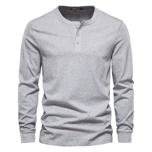 Grey long sleeve slim fit Henley shirt for men made of premium knitted cotton