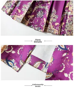 Detailed macro view of purple paisley print fabric and high-quality hemline craftsmanship