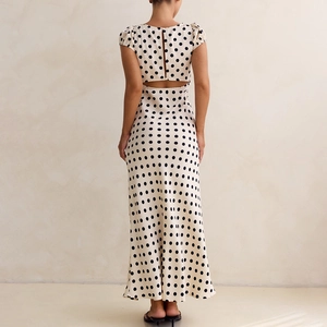 Elegant backless polka dot satin maxi dress with waist cutout and short sleeves for women