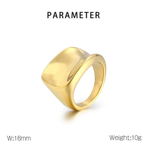 Macro view of wide 18K gold-plated stainless steel ring showing 16mm width parameter