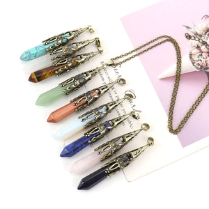 Natural crystal hexagonal prism pendant necklace with bronze setting in various gemstones