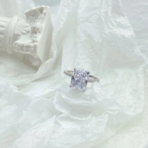 Macro shot of S925 sterling silver ring featuring a large radiant cut cubic zirconia stone
