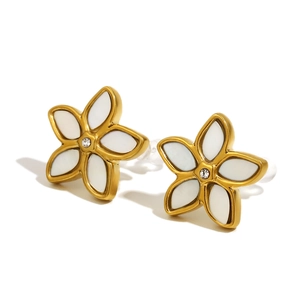 Elegant 18K gold plated floral clip-on earrings with white petals and zircon centers