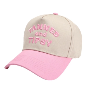 Two-tone baseball cap with pink Tanned and Tipsy embroidery and beige high crown