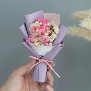 Close-up of mini dried Gypsophila flower bouquet with pink and white petals