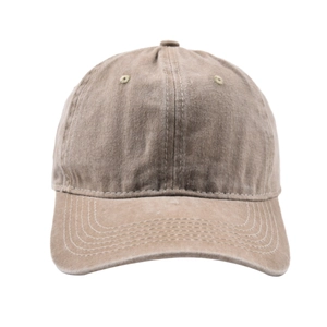 Detail shot of khaki washed distressed cotton baseball cap showing vintage frayed brim edges