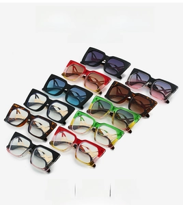 Macro view of trendy cat-eye sunglasses with thick square frames and gold metal hinges