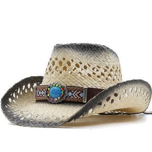 Western Cowboyhut Papierstroh Hohl Atmungsaktiv Sonnenschutz Bohemian Türkisband Ethno Strand Reisen Damen Herren