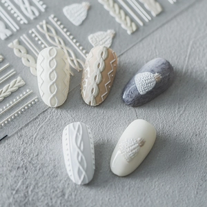 3D Embossed Nail Art Stickers Sweater Texture Knit Pattern 5D Relief Self Adhesive Manicure Decals For Autumn Winter