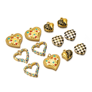 Colorful stainless steel heart pendants with checkerboard pattern and enamel for DIY jewelry