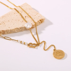 Layered Necklace Stainless Steel 18K Gold Plated Artificial Baroque Pearl Goddess Coin Letter B Pendant Asymmetrical Chain Women