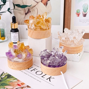 Natural crystal cluster night lights with wooden bases in four styles for home decor