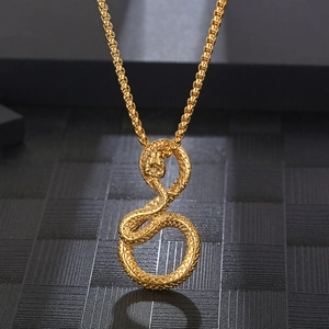 Vintage golden snake pendant necklace for men with detailed scales on a round box chain