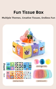 Detail of baby tissue box toy set with sensory crinkle papers and soft silk scarves