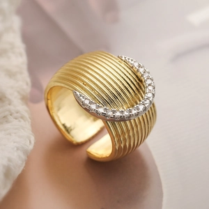 Wide Band Copper Gold Plated Cubic Zirconia Ring Crescent Moon Wave Texture Adjustable Open Statement Jewelry For Women