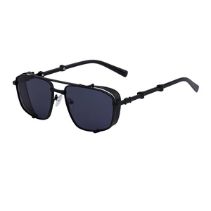 Steampunk sunglasses with black metal frame and side mesh shield for a retro look