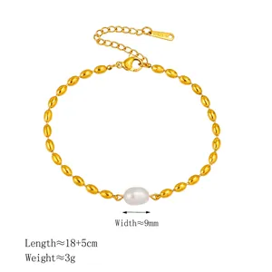 French style natural freshwater pearl and stainless steel gold oval bead bracelet