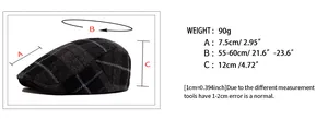 Size chart showing dimensions for the wool plaid beret hat with brim and depth details