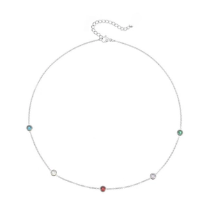Elegant gold plated necklace with five colorful cubic zirconia stones on white background