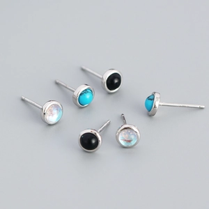 925 Sterling Silver Stud Earrings For Women Minimalist Round Geometric Black Onyx Turquoise Moonstone Bezel Setting Small