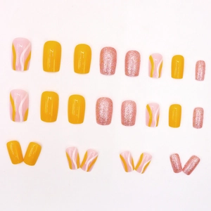 Vibrant orange stripe press-on nails set with glitter and solid color square tips