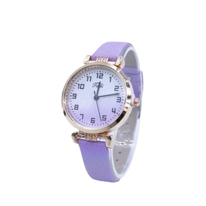 Elegant purple gradient dial quartz watch with rose gold case and leather strap for women