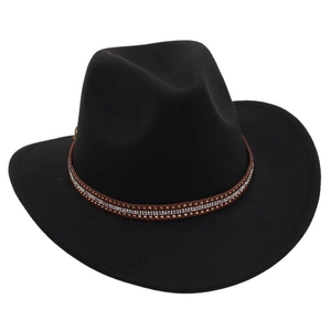 Detailed close-up of a black wool fedora with a brown studded leather hatband and rhinestones