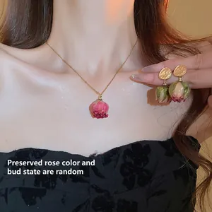 Real Dried Rose Necklace And Stud Earrings Gold Plated Stainless Steel Preserved Flower Jewelry With Silver Earring Post